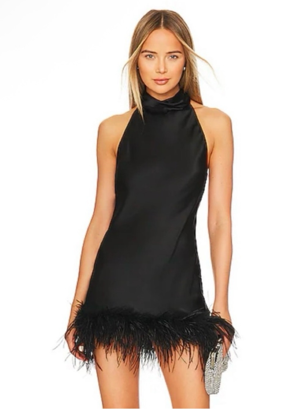 Amanda Uprichard Lunaria Silk Feather-Trim Halter Dress in Black, Size L, NWT